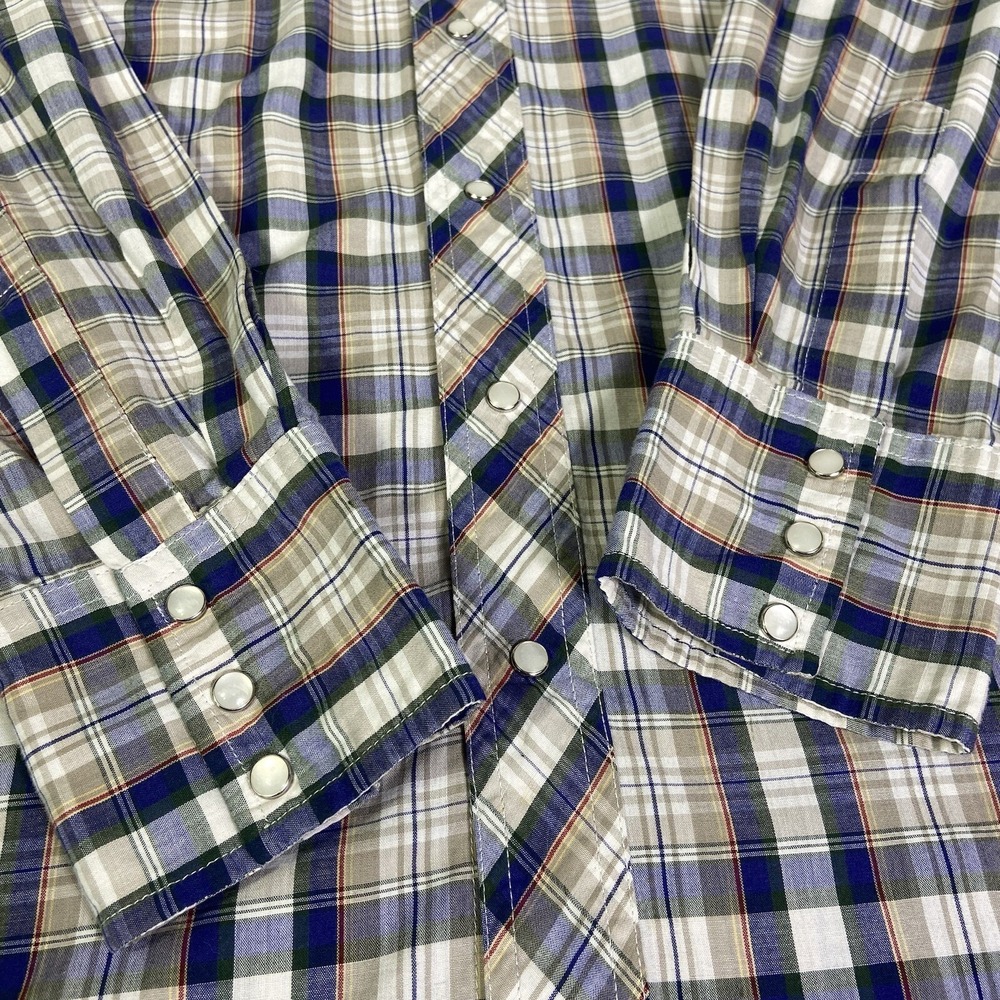 Wrangler Single Needle Mens Blue Plaid Pearl Snap Long Tail‎ Size XL - Picture 8 of 13